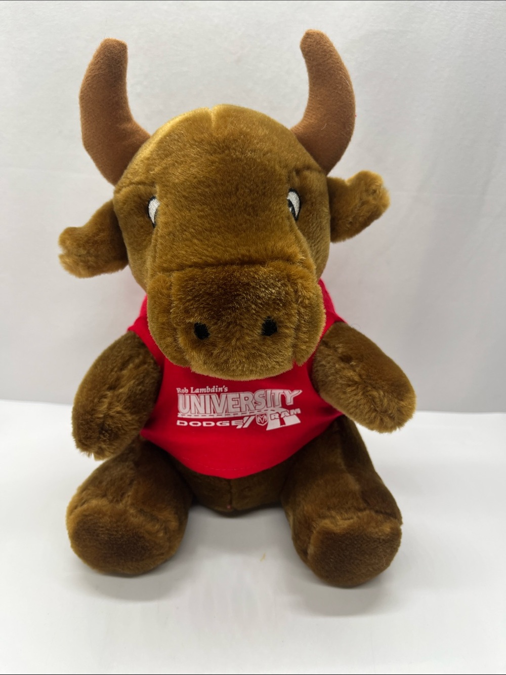 University Dodge Bull Plush — Brown with Red Shirt